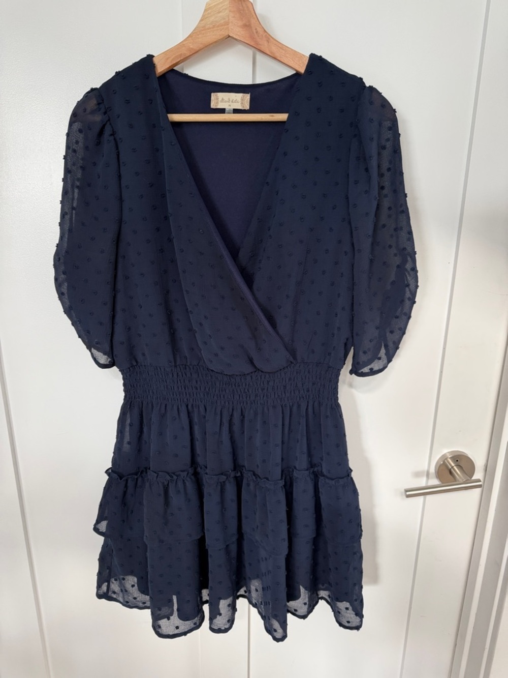 Altar'd State Navy Swiss Dot Surplice Mini Dress